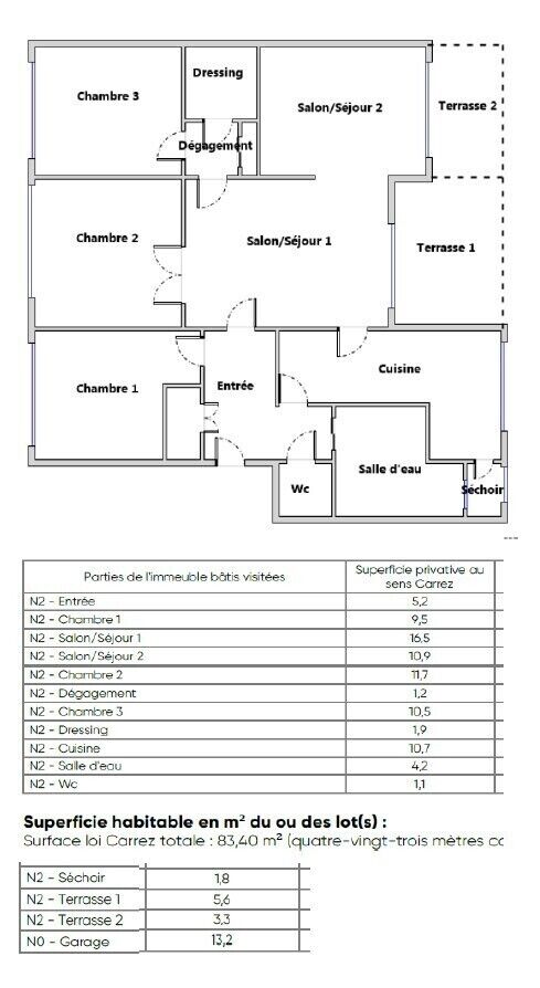 Appartement T5 - 83 m² - Alco - Plan surfaces