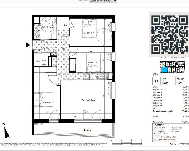 Beau T4 de 77.30 m² avec terrasse 9.10 m²  - D206 303900 77.30 m 