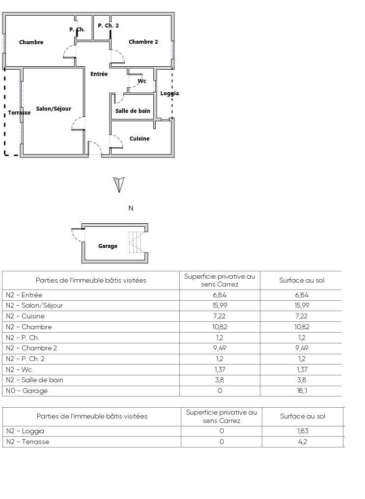 T3 traversant de 58 m² - Montpellier Sud - Plan surfaces